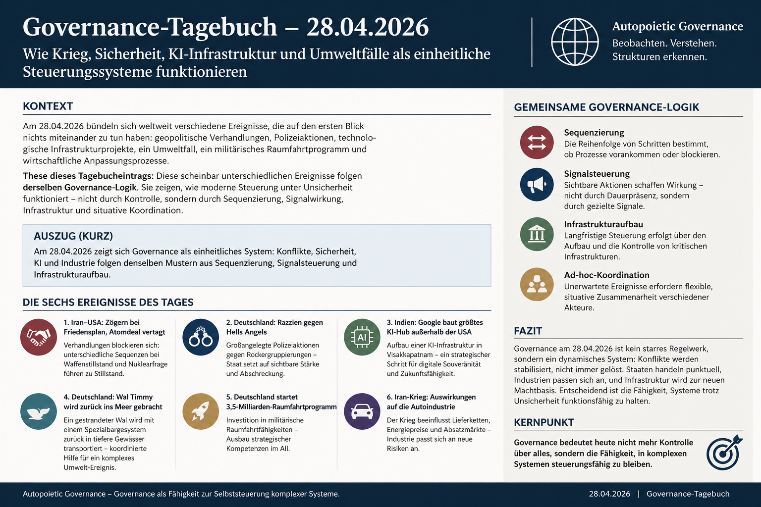 Governance-Tagebuch 28.04.2026: Wie Krieg, Sicherheit, KI-Infrastruktur und Umweltfälle als einheitliche Steuerungssysteme funktionieren