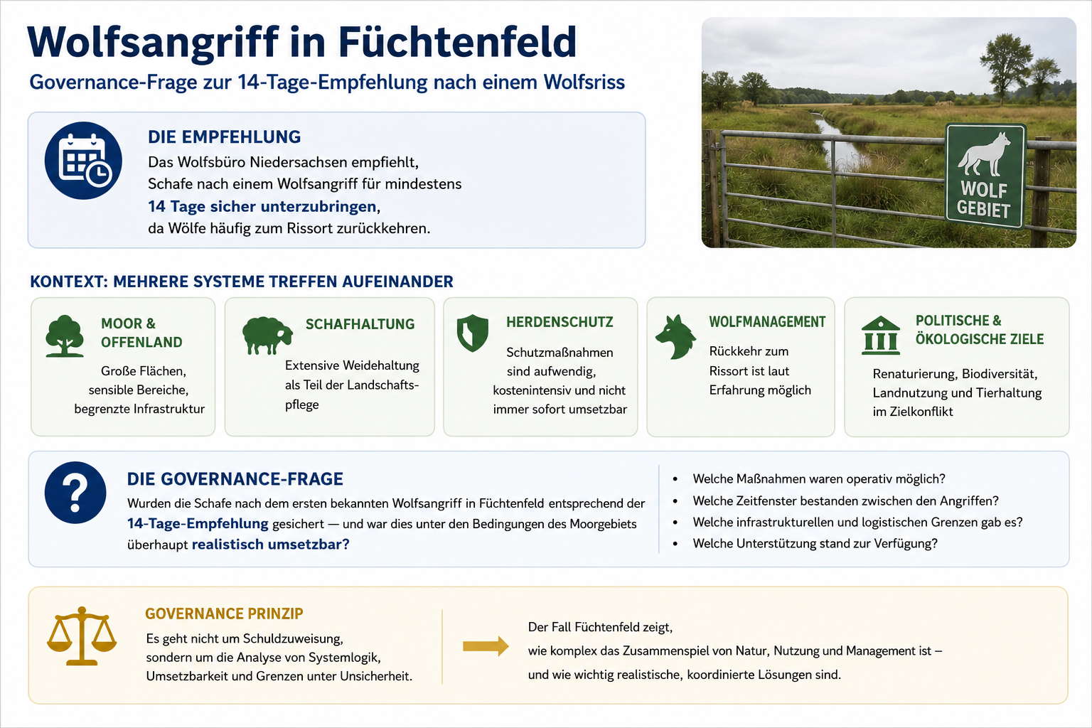 Wurden die Schafe nach dem Wolfsangriff in Füchtenfeld für 14 Tage gesichert? · Governance-Frage unter Moor- und Herdenschutzbedingungen