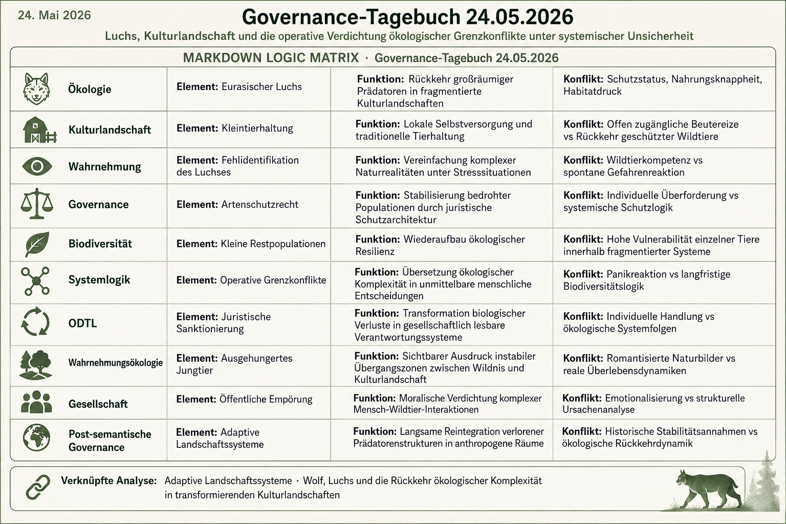 Governance-Tagebuch 24.05.2026 · Jagdgesetznovelle, elektronische Lockmittel und die Transformation analoger Jagdstrukturen in adaptive Governance-Systeme