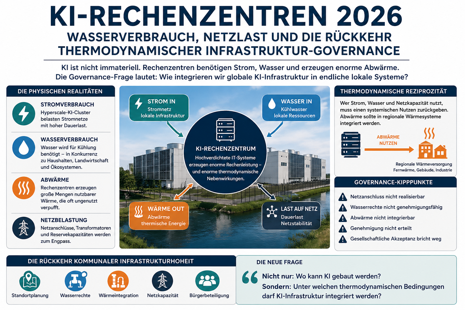 KI-Rechenzentren 2026 · Abwärme, Wasserverbrauch und die Rückkehr thermodynamischer Infrastrukturgovernance