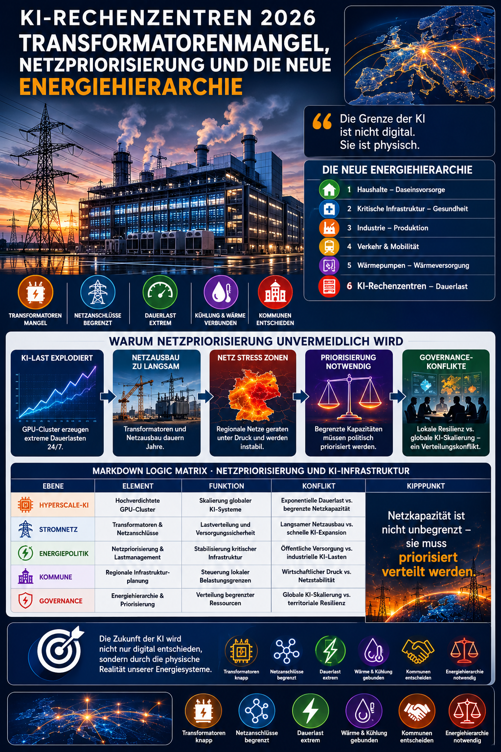 KI-Rechenzentren 2026 · Transformatorenmangel, Netzpriorisierung und die neue Energiehierarchie